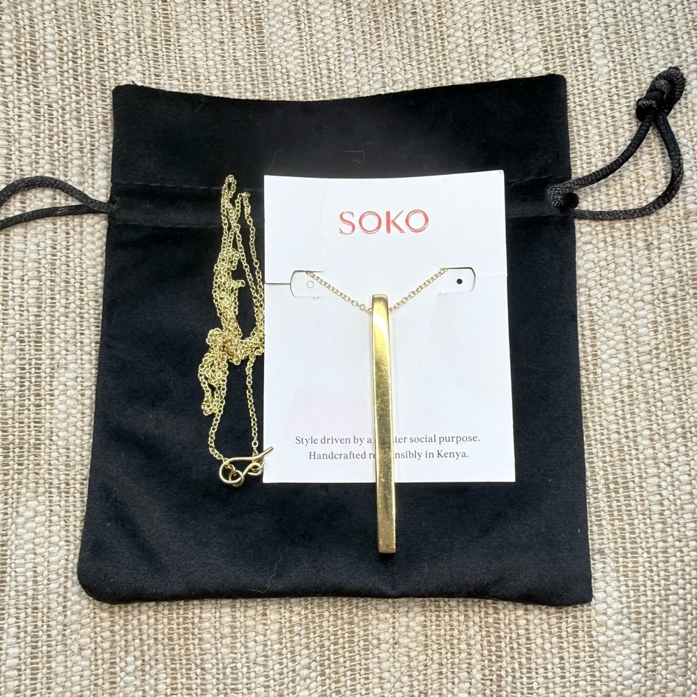 SOKO Gold Thin Bar Pendant 36” Long Necklace